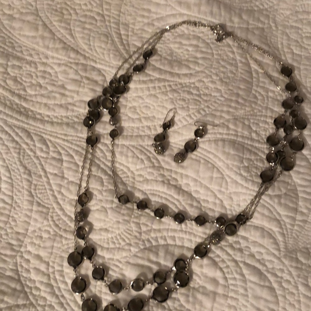 Three strand black and silver necklace & earrings